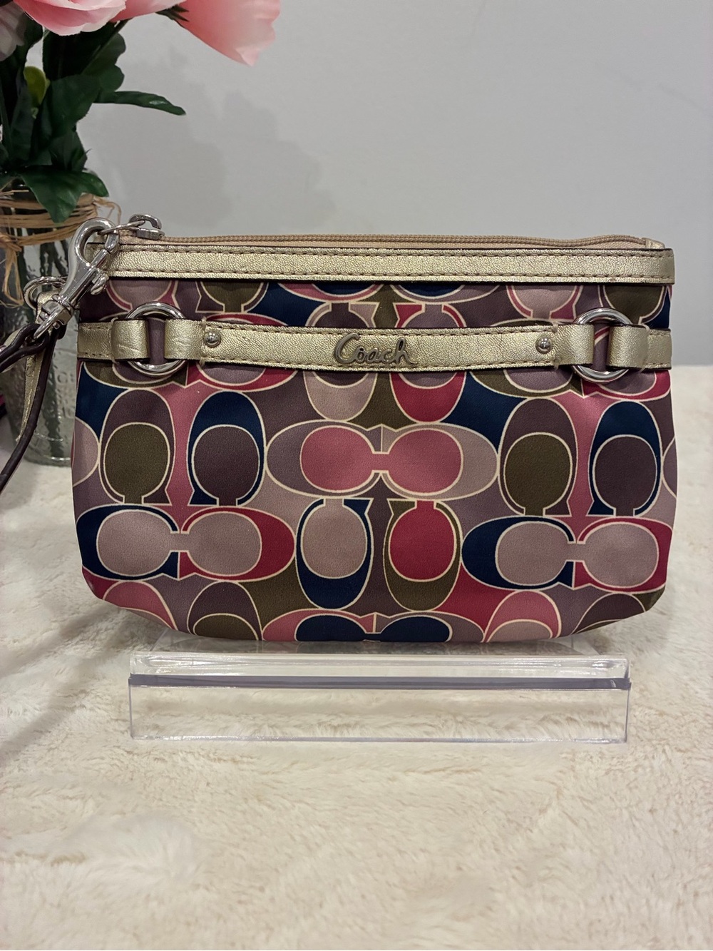 Coach Multicolor Signature Canvas Wristlet with Gold Trim